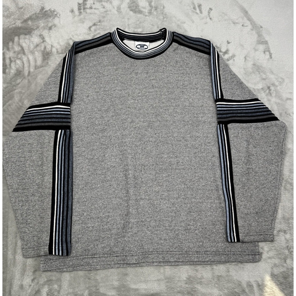 Vintage Y2K Gray Pullover Sweater Shirt Size XL Blue Striped Cotton 90s Retro